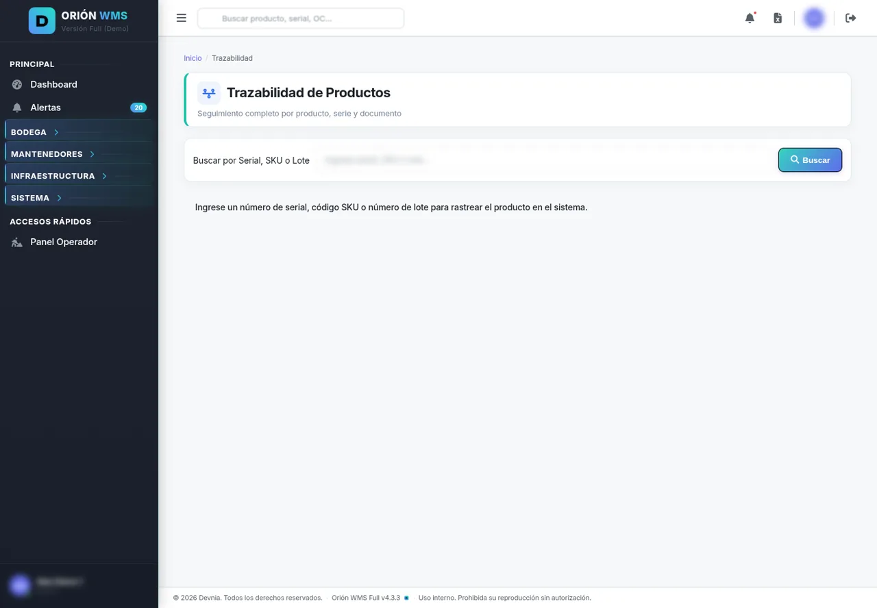 Módulo Trazabilidad de Orión WMS: historial de movimientos y acciones de un producto.